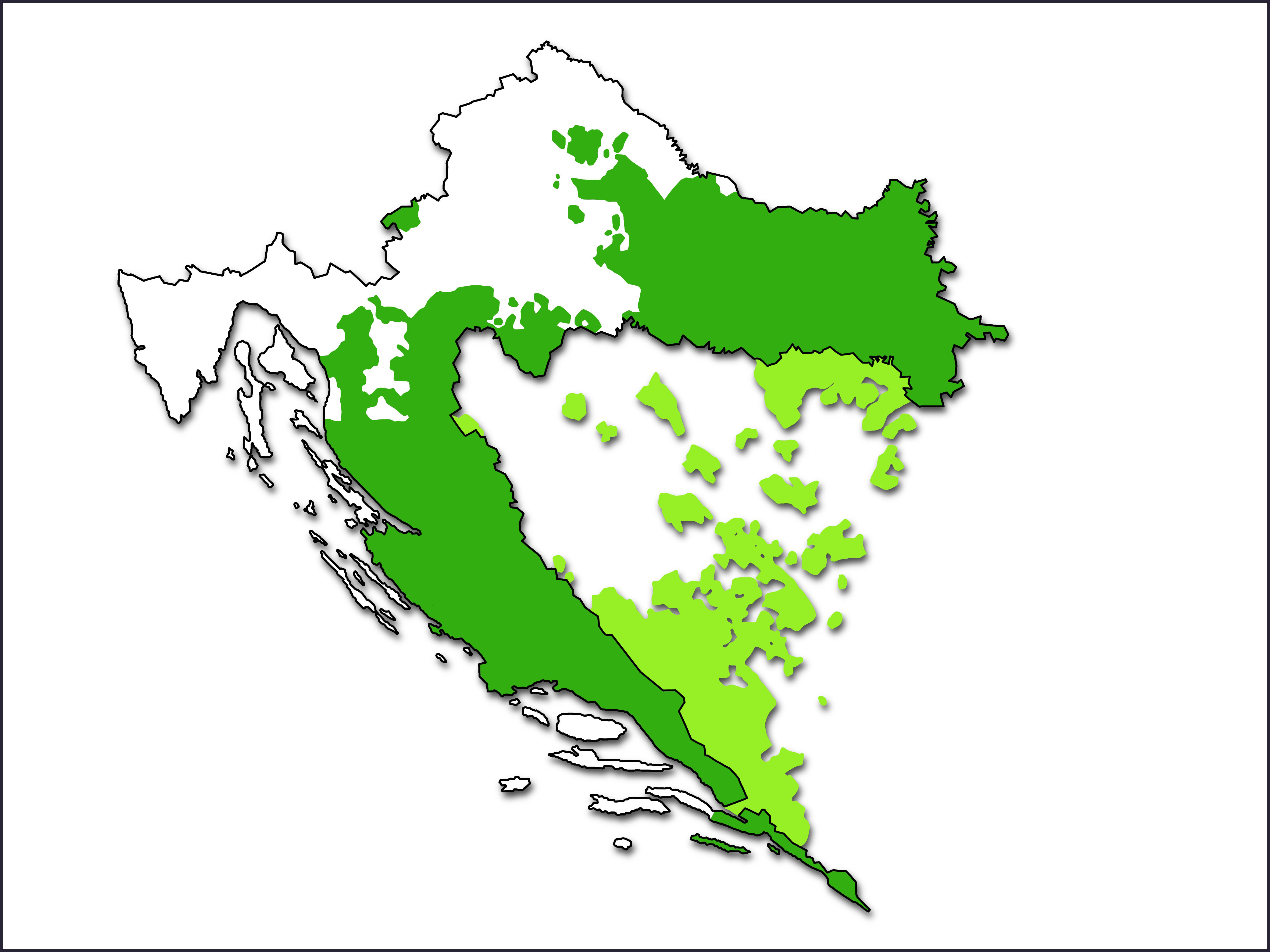 Karta Hrvatske na kojoj su zelenom bojom označena područja sa štokavskim narječjem: dio Dalmacije i Slavonije, Kordun, Banovina, Lika i dio Gorskog kotara i Žumberak.
