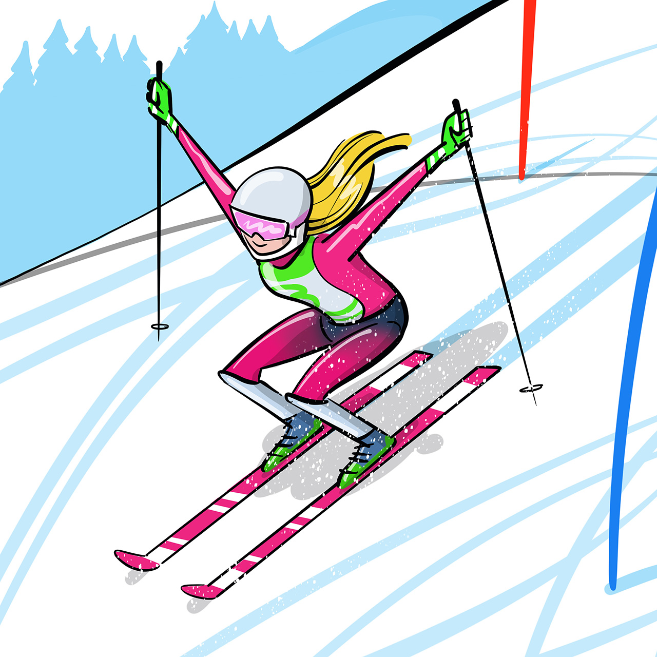 Prikazana je skijašica kako ulazi u cilj. Ispod ilustracije je rečenica u kojoj je istaknut oblik glagolskoga pridjeva radnoga: stigla.