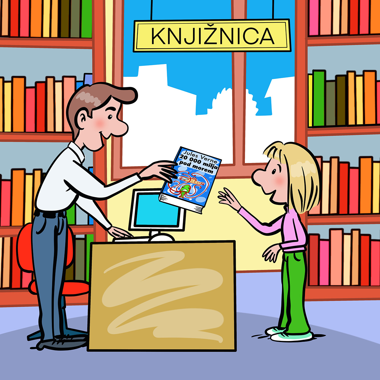 Knjižničar pruža knjigu učenici.