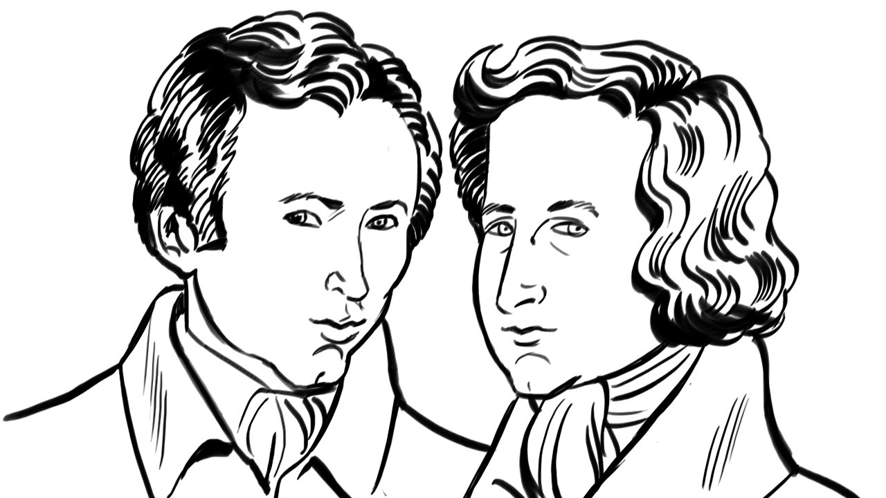Crno-bijela ilustracija njemačkih književnika Jacoba i Wilhelma Grimma. 