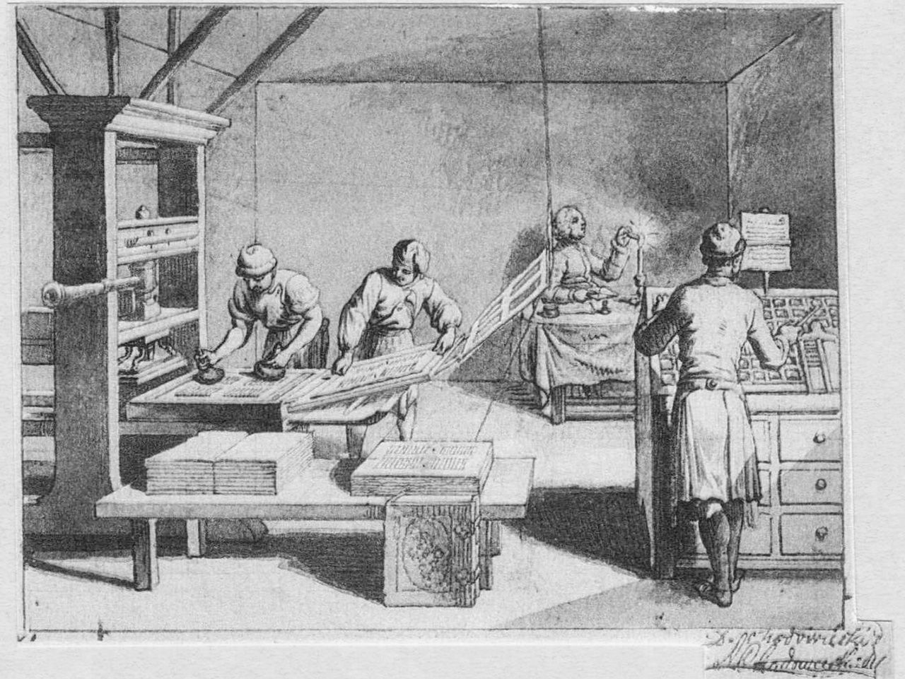 Crno-bijela ilustracija koja zorno dočarava kako je izgledao rad na prvom tiskarskom stroju. Stroj je bio većih dimenzija i izrađen od drveta. 