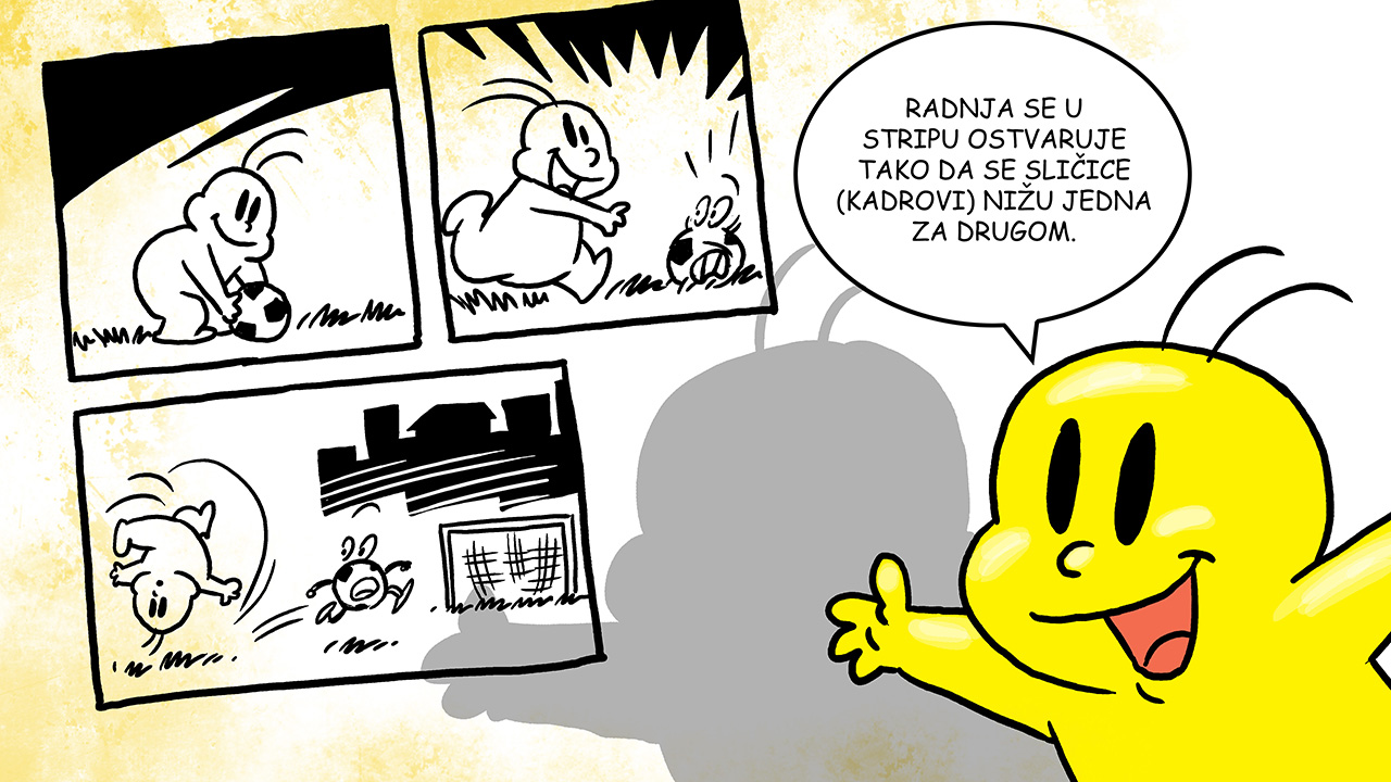 Stripko objašnjava kako se odvija radnja u stripu. 