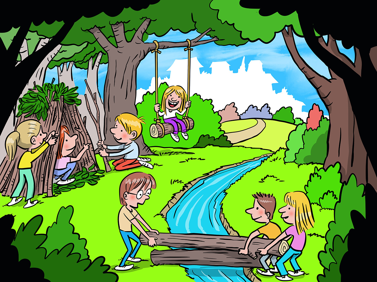 Djeca grade mostić preko potoka te kolibu od granja i lišća u kojoj će se igrati.