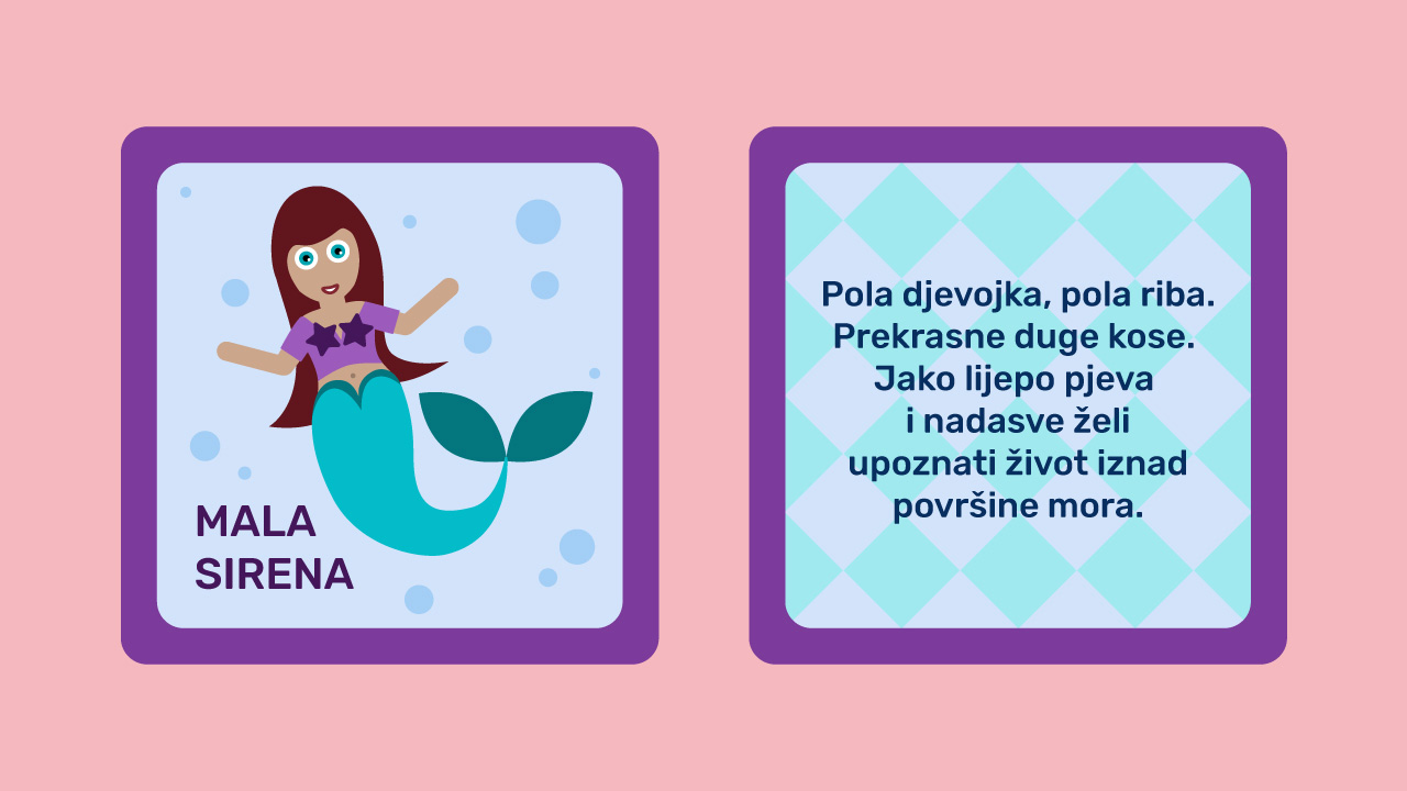 Prikaz jedne kartice za igru pogađanja likova na kojoj je s jedne strane crtež, a s druge opis Male Sirene.