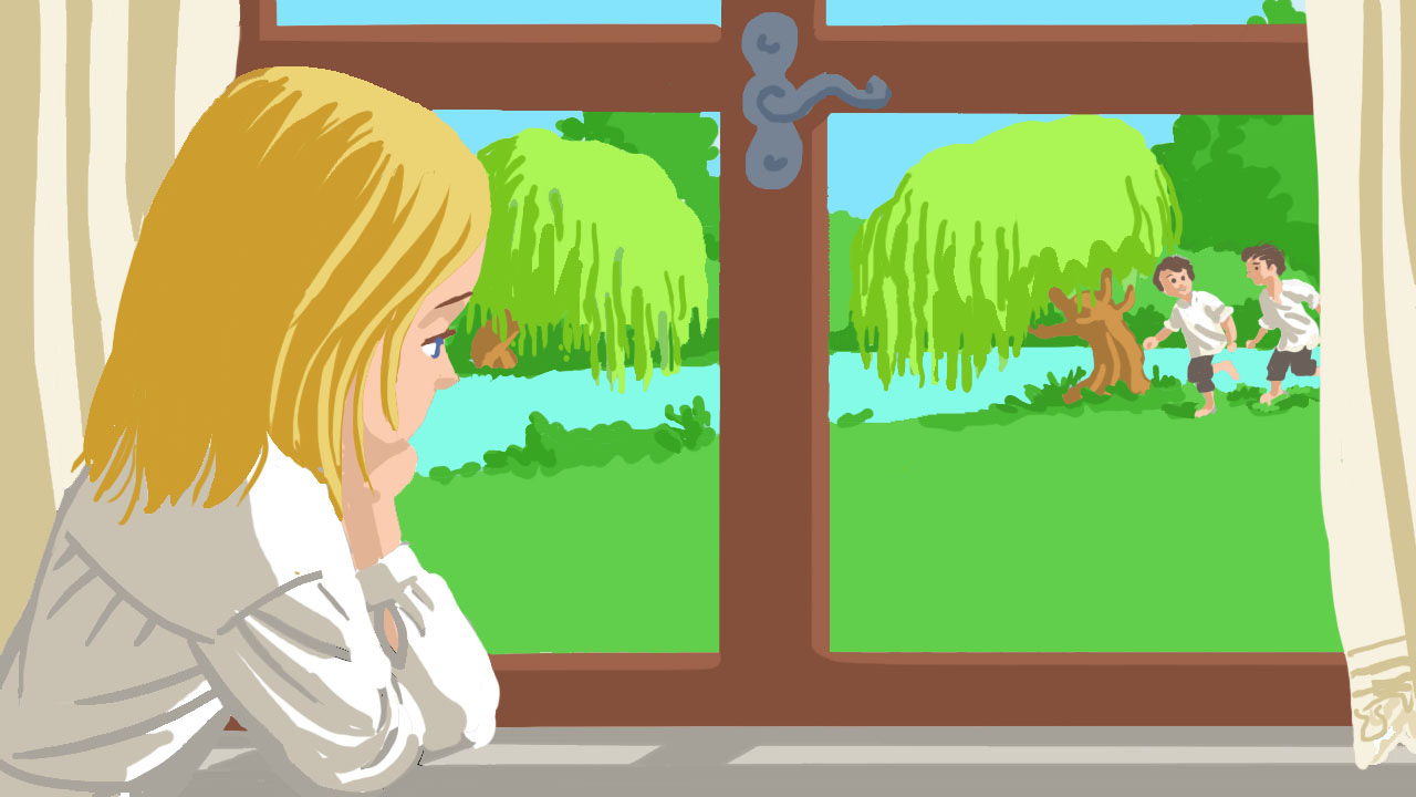 Djevojčica Srna s čežnjom gleda kroz prozor kako se dječaci slobodno igraju u prirodi.