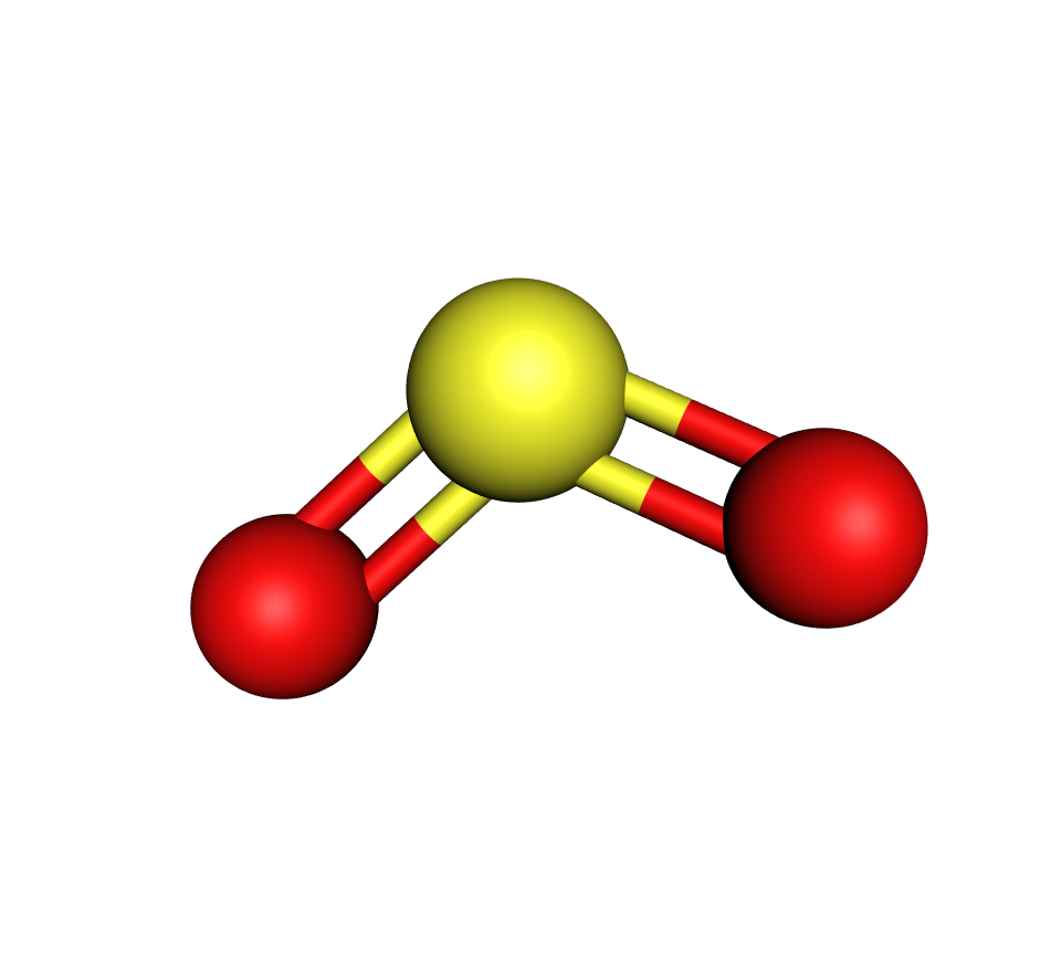 Model molekule sumporova(IV) oksida načinjen od kuglica i štapića; sumpor je žute boje, a kisik crvene boje.