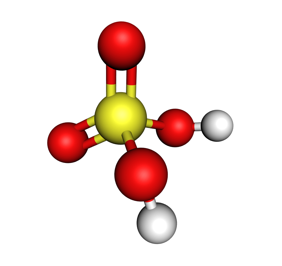 Model molekule sumporne kiseline načinjen od kuglica i štapića; sumpor je žuta kuglica, kisik, dvije crvene, vodik su dvije bijele kuglice