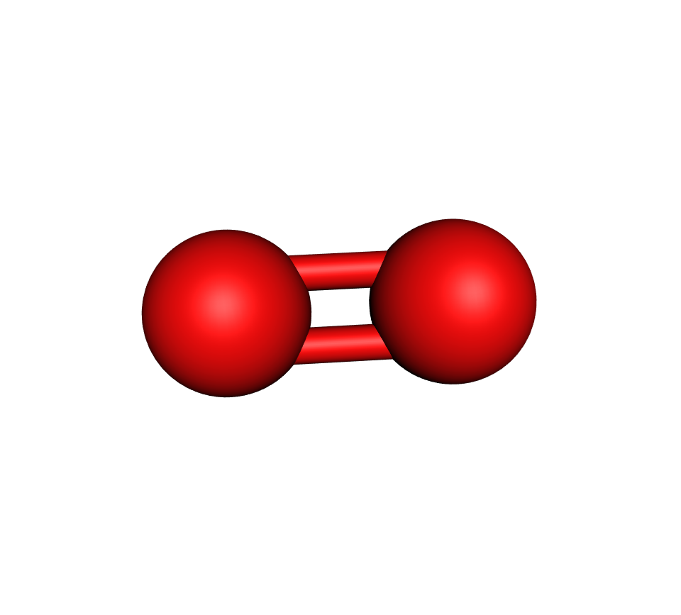 dva toma kisika; dvije kugle crvene boje