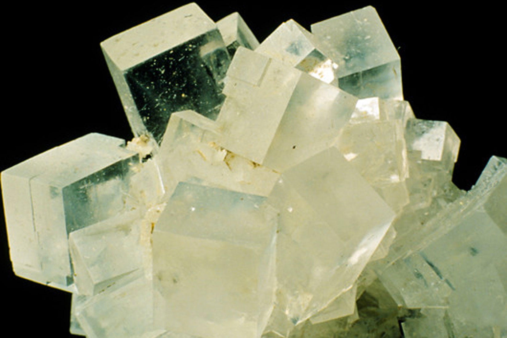 Fotografija prikazuje halit, kamenu sol.Prikazani su kristali koji su prozirno-bjelkasti.