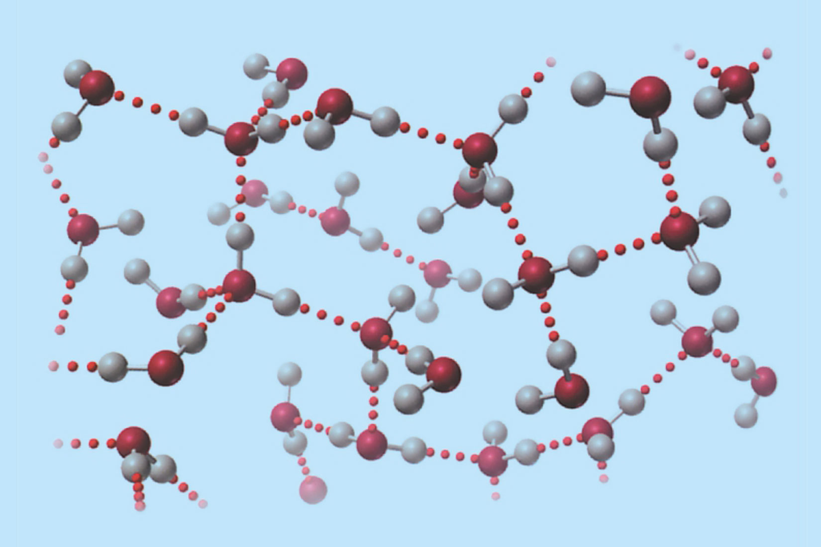 Voda u tekućem stanju. Model molekula vode ima veliku crvenu kuglicu (kisik), dvije bijele, manje (vodik).Vodikove veze su prikazane kao još sitnije crvene kuglice. Molekule prikazuju plinovito stanje pa su opušteno, nepravilno povezane.