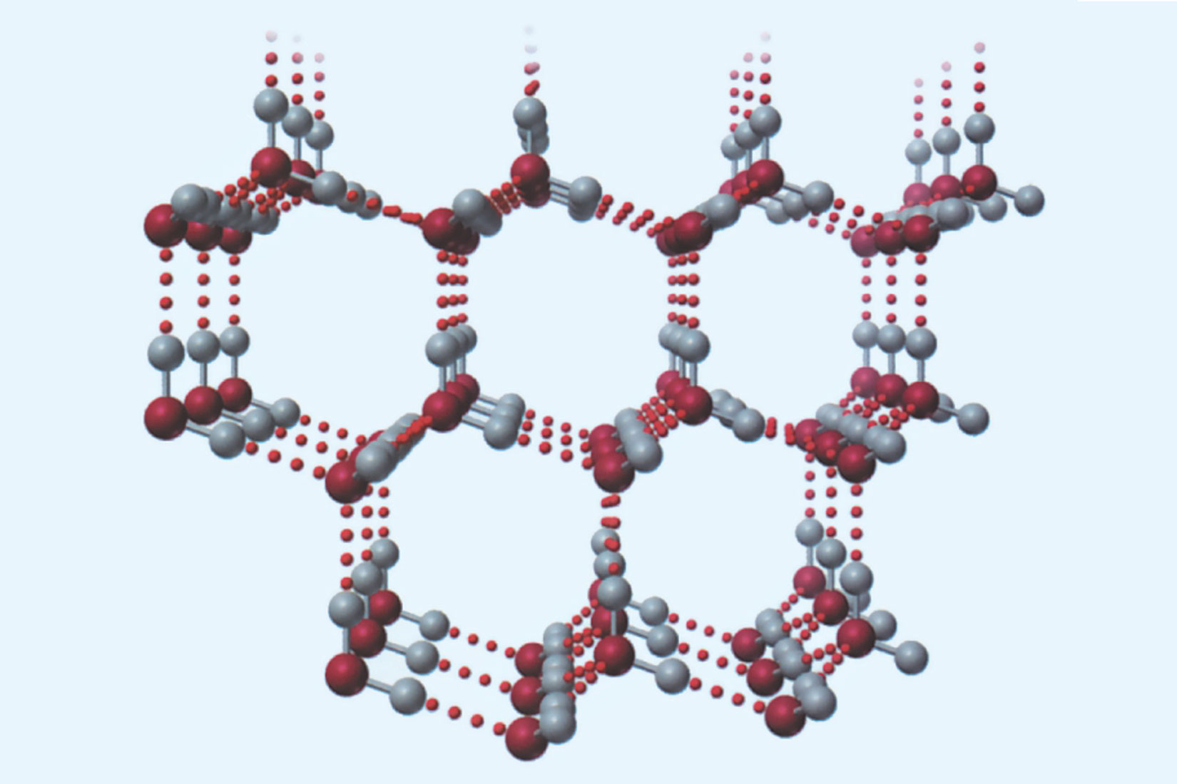 Molekule i vodikova veza su prikazane kao i na prethodnoj fotografiji.Pošto ova fotografija prikazuje kruto agregacijsko stanje, molekule su povezane u nekoliko nizova šesterokuta.