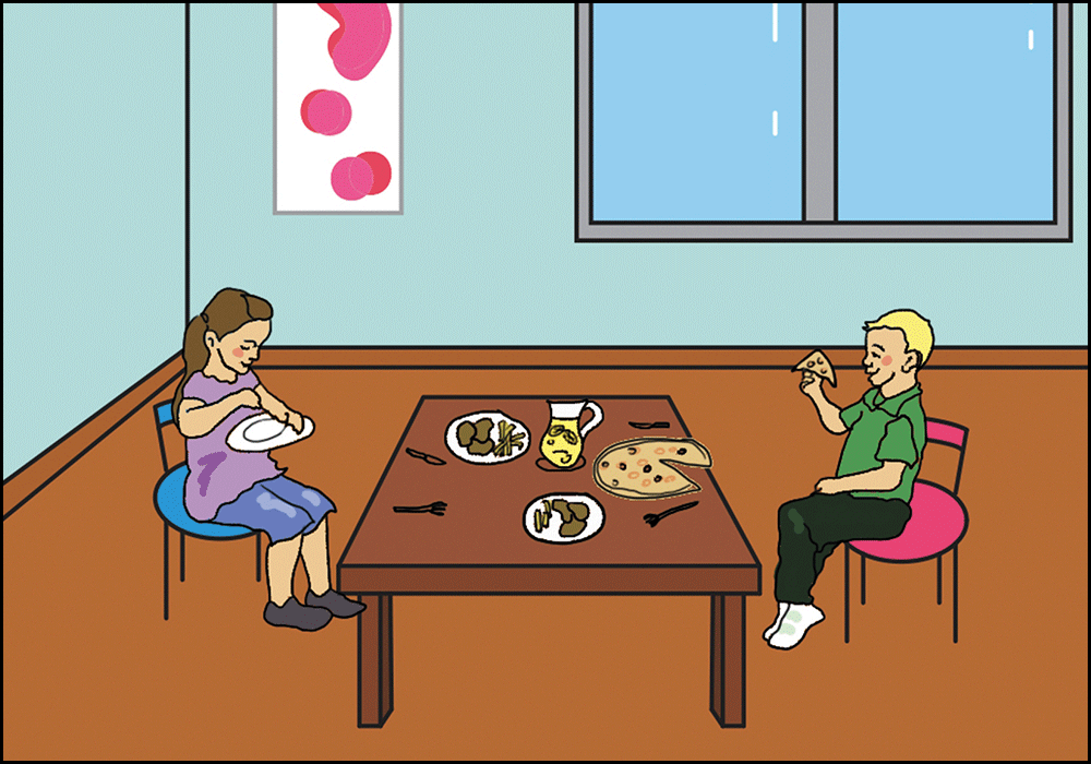 Ilustracija prikazuje dječaka i djevojčicu koji jedu pizzu i bečki odrezak.