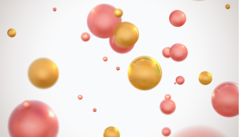 Fotografija prikazuje 3-d modele molekula i atoma u gibanju. Atomi su kugle nježno-ružičaste i zlatno-žute boje.